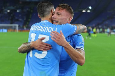 Roma, İtalya 30.10.2023: Lazio 'lu Ciro Immobile penaltıyı 1-0 yendi ve İtalya Serie A TIM 2023-2024 futbol karşılaşmasının 10. gününde Roma Olimpiyat Stadyumu' nda SS Lazio ile ACF Fiorentina arasında kutluyor..