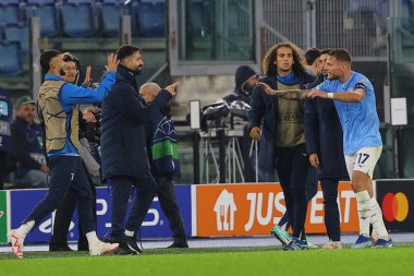 Roma, İtalya 07.11.2023: Lazio 'lu Ciro Immobile golü attı ve Uefa Şampiyonlar Ligi 2023-2024, E grubu ile Roma Olimpiyat Stadyumu' nda SS Lazio ile Feyenoord arasında kutladı..