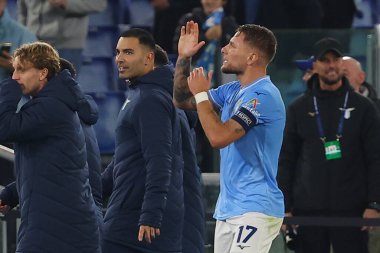 Roma, İtalya 07.11.2023: Lazio 'lu Ciro Immobile golü attı ve Uefa Şampiyonlar Ligi 2023-2024, E grubu ile Roma Olimpiyat Stadyumu' nda SS Lazio ile Feyenoord arasında kutladı..