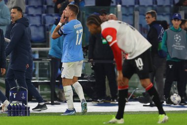 Roma, İtalya 07.11.2023: Lazio 'lu Ciro Immobile golü attı ve Uefa Şampiyonlar Ligi 2023-2024, E grubu ile Roma Olimpiyat Stadyumu' nda SS Lazio ile Feyenoord arasında kutladı..