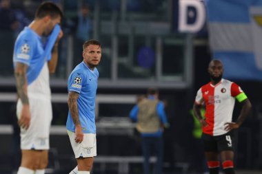 Roma, İtalya 07.11.2023: Lazio 'lu Ciro Immobile golü attı ve Uefa Şampiyonlar Ligi 2023-2024, E grubu ile Roma Olimpiyat Stadyumu' nda SS Lazio ile Feyenoord arasında kutladı..