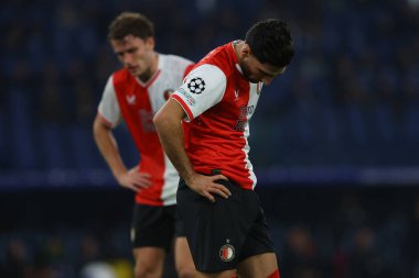 Roma, İtalya 07.11.2023: Uefa Şampiyonlar Ligi 2023-2024 futbol takımı E grubu, SS Lazio Feyenoord ile Roma Olimpiyat Stadyumu arasındaki mağlubiyetten sonra oyuncuların hayal kırıklığı.