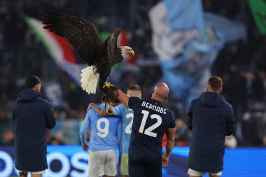 Roma, İtalya 07.11.2023: Lazio oyuncuları Uefa Şampiyonlar Ligi 2023-2024, E grubu, SS Lazio ile Feyenoord arasındaki Roma Olimpiyat Stadyumu 'nda 1-0' lık galibiyetini kutladılar..