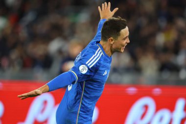 Roma, İtalya 17.11.2023: İtalyan Giacomo Raspadori golü attı ve UEFA EURO 2024, Avrupalı EURO, C grubu, Roma 'daki OLYMPIC STADIUM' da İtalya 'ya karşı Kuzey Makedonya maçında takımla birlikte kutladı. 