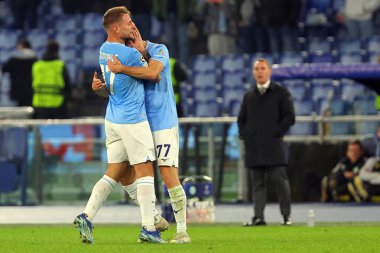 Roma, İtalya 28.11.2023: Lazio 'lu Ciro Immobile golü attı ve Uefa Şampiyonlar Ligi 2023-2024, E grubu ile Roma Olimpiyat Stadyumu' nda SS Lazio ile Celtic Glasgow arasında kutladı..