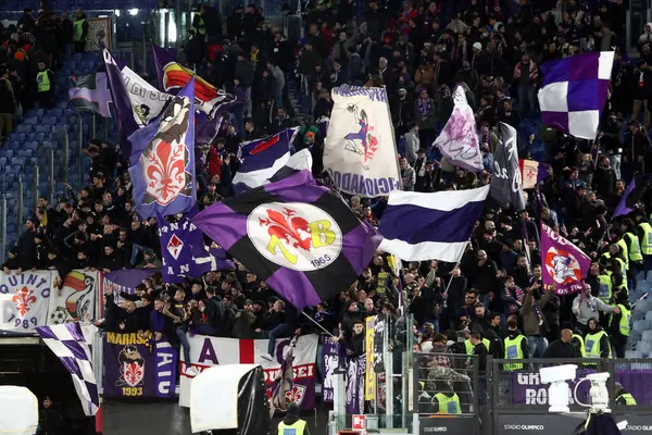 Róma Olaszország 2023 Flags Fiorentina Fans Wave Stand Italy Serie — Stock Fotó