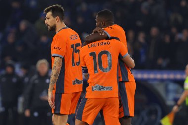 Roma, İtalya 17.12.2023: Marcus Thuram İtalya Serie A TIM 2023-2024 futbol karşılaşmasında Roma 'daki Olimpiyat Stadyumu' nda SS Lazio 'ya karşı FC Internazionale maçında golü attı ve takımla birlikte kutladı..