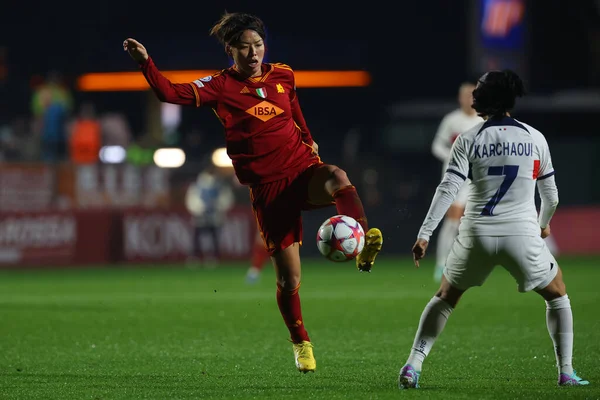 stock image Rome, Italy 20.12.2023: Saki Kumagai (Roma) in action during  the UEFA WOMEN CHAMPIONS League 2023-2024 football match AS ROMA vs Paris Saint-Germain at tre fontane stadium in Rome.