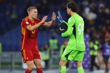 Rome, Italy 03.01.2024: Rasmus Kristensen of Roma and Mile Svilar of Roma celebrate victory at end  of the ITALY TIM CUP 2023-2024, round of 16,  football match AS ROMA VS CREMONESE at Olympic Stadium in Rome.