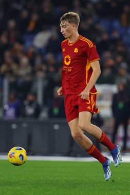 Roma, İtalya 07.01.2024: İtalyan Huijsen İtalya Serie A TIM 2023-2024 şampiyonası sırasında Roma 'daki Olimpiyat Stadyumu' nda AS Romanlar ve Atalanta arasında oynanan futbol karşılaşması.
