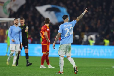 Roma, İtalya 10.01.2024: Lazio 'dan Mattia Zaccagni gol cezası aldı ve İtalya Futbol Ligi CUP Copia Frecciarossa 2024, Roma Olimpiyat Stadyumu' nda SS LAZIO AS ROMA 'ya karşı