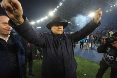 Roma, İtalya 10.01.2024: İtalya 'nın Lazio Claudio Lotito Cumhurbaşkanı İtalya CUP Coppa Italia Frecciarossa 2024' ün sonunda zaferi kutladı, futbol karşılaşması SS LAZIO AS ROMA 'ya karşı Roma Olimpiyat Stadyumu' nda