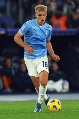 Roma, İtalya 28.01.2024: Lazio 'dan Gustav Isaksen İtalya Serisi A TIM 2023-2024 futbol karşılaşmasında Roma' daki Olimpiyat Stadyumu 'nda SS Lazio' ya karşı SSC Napoli.
