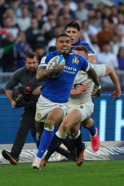Roma, İtalya 03.02.2024: Monty Ioane (ITA) 3 Şubat 2024 'te İtalya' nın başkenti Roma 'da oynanan Stadio Olimpico' da ITALY ile ENGLAND arasında oynanan Guinness Altı Milletler 2024 ragbi maçında gol attı..