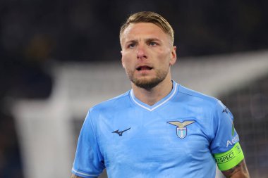 Roma, İtalya 14.2.2024: Lazio 'dan Ciro Immobile 1-0 gol attı ve Uefa Şampiyonlar Ligi 2023-2024 sezonunda I takımıyla birlikte Roma' daki Olimpiyat Stadyumu 'nda SS Lazio' nun FC Bayern Mucnhen 'e karşı oynadığı 16 maçın maçını kutladı..