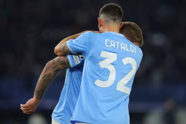 Roma, İtalya 14.2.2024: Lazio 'dan Ciro Immobile 1-0 gol attı ve Uefa Şampiyonlar Ligi 2023-2024 sezonunda I takımıyla birlikte Roma' daki Olimpiyat Stadyumu 'nda SS Lazio' nun FC Bayern Mucnhen 'e karşı oynadığı 16 maçın maçını kutladı..