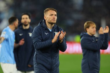 Roma, İtalya 14.2.2024: Lazio 'lu Ciro Immobile, Uefa Şampiyonlar Ligi 2023-2024 sezonunun sonunda 16 futbol karşılaşması SS Lazio ile FC Bayern Mucnhen arasında Roma Olimpiyat Stadyumu' nda oynanan karşılaşmada zaferi kutladı..