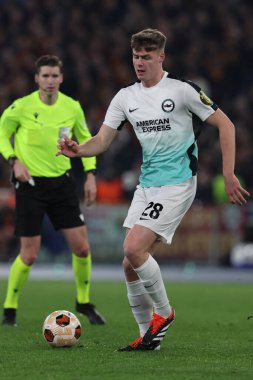 Roma, İtalya 07.03.2024: Brighton 'dan Evan Ferguson UEFA Avrupa Ligi 2023-2024, 16. tur, Roma' daki Olimpiyat Stadyumu 'nda AS Roman - Brighton & Hove Albion arasındaki futbol karşılaşması sırasında.