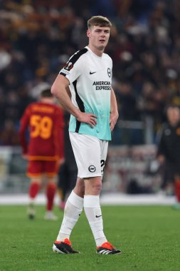 Roma, İtalya 07.03.2024: UEFA Avrupa Ligi 2023-2024 yenilgisinden sonra Brighton 'lu Evan Ferguson' u hayal kırıklığına uğrattı, 16. tur, AS Roma ile Brighton & Hove Albion arasındaki futbol karşılaşması Roma Olimpiyat Stadyumu 'nda gerçekleşti..