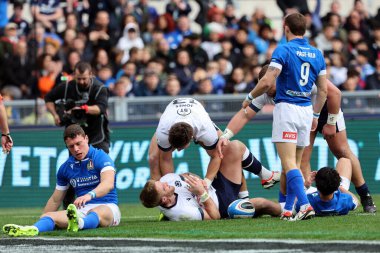 Roma, İtalya 09.03.2024: Kyle Steyn (İskoçya), İtalya ile İskoçya arasında 9 Mart 2024 'te İtalya' nın başkenti Roma 'da oynanan Guinness Altı Milletler 2024 turnuva karşılaşmasını kutluyor.