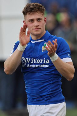 Roma, İtalya 09.03.2024: Stephen VARNEY (italy), İtalya ile İskoçya arasında 9 Mart 2024 tarihinde İtalya 'nın başkenti Stadio Olimpico' da oynanan Guinness Altı Milletler 2024 turnuva maçının galibiyetini kutluyor.