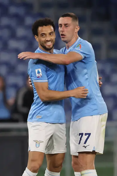 stock image Rome, Italy 12.04.2024: Felipe Anderson of Lazio  score the goal  3-1 and celebrate with the team during Italian Serie A TIM 2023-2024 football match derby SS LAZIO VS SALERNITANA CALCIO at Olympic Stadium in Rome.