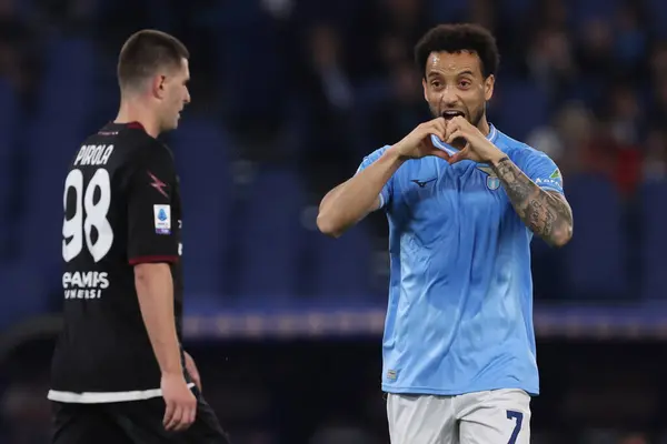 stock image Rome, Italy 12.04.2024: Felipe Anderson of Lazio  score the goal  3-1 and celebrate with the team during Italian Serie A TIM 2023-2024 football match derby SS LAZIO VS SALERNITANA CALCIO at Olympic Stadium in Rome.