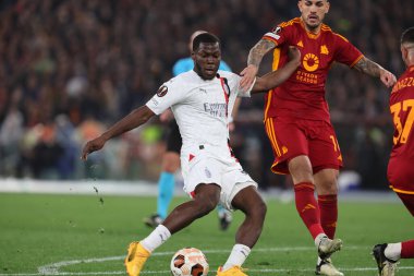 Roma, İtalya 18.04.2024: UEFA Avrupa Ligi 2023-2024 çeyrek final karşılaşmasında Milan 'dan Yumus Musah, Roma' daki Olimpiyat Stadyumu 'nda AS Roman ve AC Milan arasındaki futbol karşılaşması.