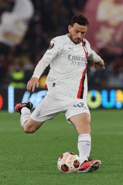 Roma, İtalya 18.04.2024: Milan 'dan Alessandro Florenzi UEFA Avrupa Ligi 2023-2024 çeyrek final karşılaşmasında, AS Roman ve AC Milan arasında Roma Olimpiyat Stadyumu' nda oynanan futbol karşılaşması.