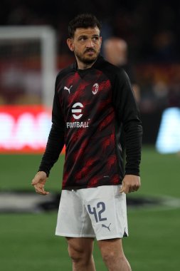 Roma, İtalya 18.04.2024: Milan 'dan Alessandro Florenzi UEFA Avrupa Ligi 2023-2024 çeyrek final karşılaşmasında, AS Roman ve AC Milan arasında Roma Olimpiyat Stadyumu' nda oynanan futbol karşılaşması.