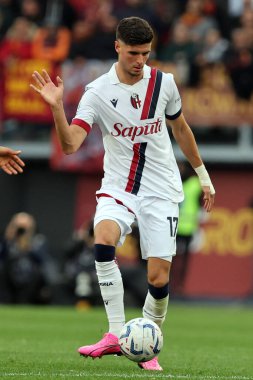 Roma, İtalya 22.04.2024: İtalyan Serisi A TIM 2023-2024 futbol karşılaşmasında Oussama El Azzouzi Roma 'daki Olimpiyat Stadyumu' nda AS ROMA 'ya karşı BOLOGNA FC 1909.