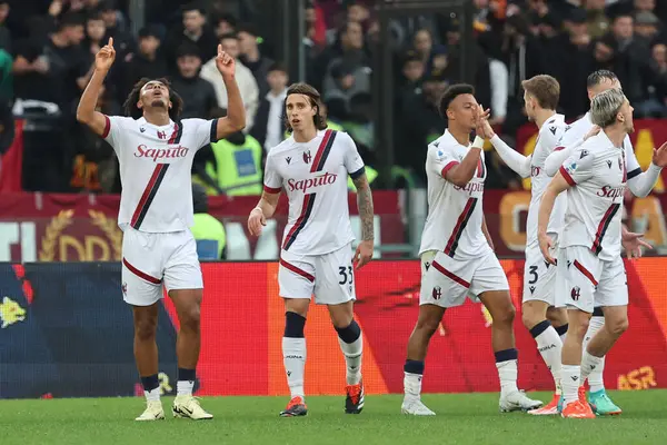 stock image Rome, Italy 22.04.2024:  Joshua Zirkzee of Bologna score the goal 0-2 and celebrate with the team during Italian Serie A TIM 2023-2024 football match derby AS ROMA vs BOLOGNA FC 1909 at Olympic Stadium in Rome.