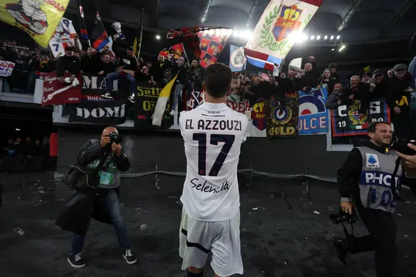 stock image Rome, Italy 22.04.2024: Bologna players  celebrate victory at end of Italian Serie A TIM 2023-2024 football match derby AS ROMA vs BOLOGNA FC 1909 at Olympic Stadium in Rome.