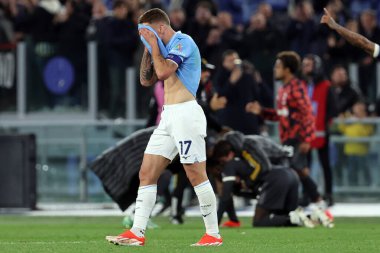 Roma, İtalya 23.04.2024: İtalya Kupası yenilgisinden sonra Ciro Immobile hayal kırıklığı - Coppa Italia Frecciarossa 2023-2024 yarı final futbol müsabakası derbisi SS LAZIO JUVENTUS FC 1909 Roma Olimpiyat Stadyumu 'nda.