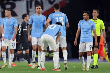 Roma, İtalya 23.04.2024: İtalya Kupası yenilgisinden sonra Lazio oyuncusu hayal kırıklığı - Coppa Italia Frecciarossa 2023-2024 yarı final futbol müsabakası derbisi SS LAZIO JUVENTUS FC 1909 Roma Olimpiyat Stadyumu 'nda.