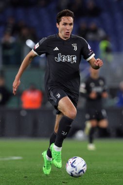 Roma, İtalya 23.04.2024: İtalya Kupası sırasında Juventus Federico Chiesa - Coppa Italia Frecciarossa 2023-2024 yarı final futbol müsabakası derbisi SS LAZIO JUVENTUS FC 1909 Roma Olimpiyat Stadyumu 'nda.