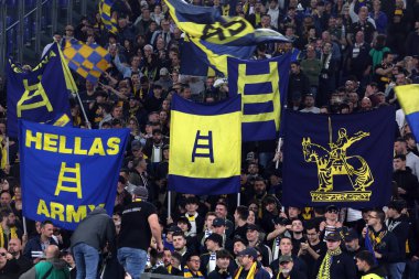 Roma, İtalya 27.04.2024: Serie A Tim 2023-2024 futbol karşılaşmasında Verona taraftarları Roma 'daki Olimpiyat Stadyumu' nda SS LAZIO-HELLAS VERONA.