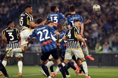 Roma, İtalya 15.05.2024: Juventus 'tan Danilo, İtalya' dan Federico Gatti İtalya 'dan 2023-2024 yılları arasında İtalya' dan CUP, İtalya 'dan Frecciarossa, futbol maçı Atalanta Bergamasca' ya karşı Roma Olimpiyat Stadyumu 'nda FC Juventus.