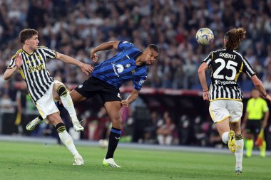 Roma, İtalya 15.05.2024: Juventus 'lu Dusan Vlahoviç, ITALY CUP 2023-2024 yıllarında Atalanta' lı hien, Coppa Italia Frecciarossa, futbol maçı Atalanta Bergamasca ile Roma Olimpiyat Stadyumu 'ndaki FC Juventus karşılaşması.