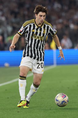 Roma, İtalya 15.05.2024: Juventus 'lu Fabio Miretti İtalya Kupası 2023-2024, Coppa Italia Frecciarossa, futbol karşılaşması Atalanta Bergamasca FC Juventus' a karşı Roma Olimpiyat Stadyumu 'nda.