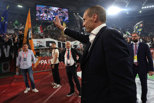 Rome, Italy 15.05.2024:  Massimiliano Allegri coach of Juventus with cup celebrate victory at end of the ITALY CUP 2023-2024, Coppa Italia Frecciarossa, football match Atalanta Bergamasca vs FC Juventus at Olympic Stadium in Rome.