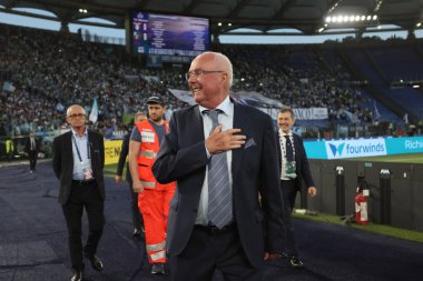 Roma, İtalya 26.05.2024: Sven Goran Erikson İtalyan Serisi A TIM 2023-2024 futbol karşılaşmasından önce Lazio taraftarlarını Roma 'daki Olimpiyat Stadyumu' nda karşıladı.