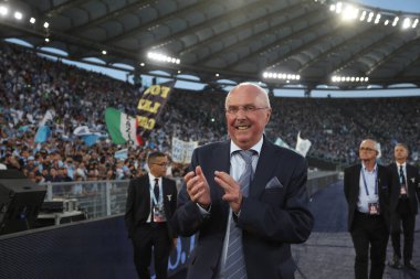 Roma, İtalya 26.05.2024: Sven Goran Erikson İtalyan Serisi A TIM 2023-2024 futbol karşılaşmasından önce Lazio taraftarlarını Roma 'daki Olimpiyat Stadyumu' nda karşıladı.