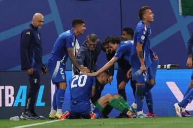 Leipzig, Almanya 24.06.2024: İtalyan Mattia Zaccagni 1-1 gol attı ve UEFA EURO 2024 Matchday 3, Hırvatistan ile İtalya arasında Leipzig Stadyumu 'nda oynanan B aşaması futbol maçını kutluyor.