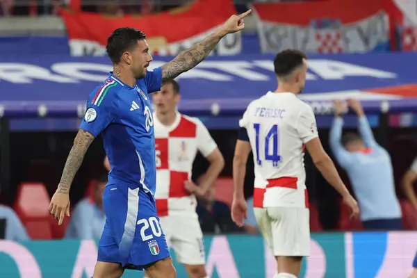 stock image Leipzig, Germany 24.06.2024: Mattia Zaccagni of Italy score the goal 1-1 and celebrates during  the UEFA EURO 2024 Matchday 3, group stage B football match between Croatia vs Italy at Leipzig Stadium.