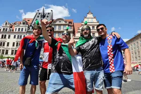 stock image Leipzig, Germany 24.06.2024: Italian and Croatian supporters in the square of Leipzig waiting the UEFA EURO 2024 group stage B football match between Croatia vs Italy at Leipzig Stadium.