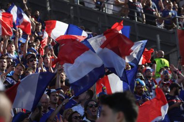 Dortmund, Almanya 25.06.2024: Fransa taraftarları UEFA EURO 2024 Matchday 3, Fransa ile Polonya arasındaki D aşaması futbol maçı sırasında BVB Stadion Dortmund 'da bayrak salladı.