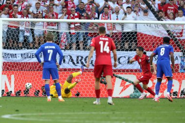 Dortmund, Almanya 25.06.2024: Polonyalı Robert Lewandowski 1-1 penaltı aldı ve UEFA EURO 2024 Matchday 3, Fransa ile Polonya arasındaki D aşaması futbol maçı sırasında BVB Stadion Dortmund 'da kutluyor.