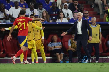 Münih, Almanya 09.07.2024: Didier Deschamps UEFA EURO 2024 yarı finalleri sırasında Fransa teknik direktörü, İspanya ile Fransa arasında Münih Futbol Federasyonu Allianz Arena maçında oynanan futbol karşılaşması