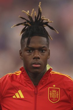 Münih, Almanya 09.07.2024: UEFA EURO 2024 yarı finalleri sırasında İspanya ile Fransa arasında oynanan Münih Futbol Federasyonu Allianz Arena maçında Nico Williams